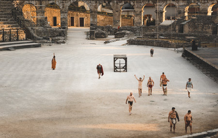 Gladiator reenactment in ancient Pula Arena during summer eventの写真素材