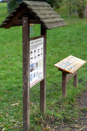 Wooden park information board Outdoor educational sign with wildlife illustrations in a green park.の写真素材