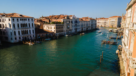 Top view of narrow canal between old buildingsの写真素材