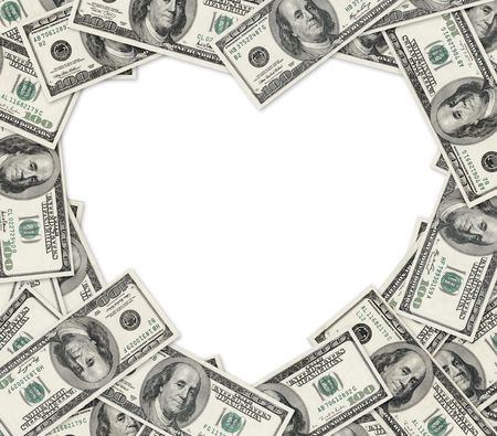Heart frame of dollars as vignette with space for text.の写真素材
