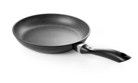 Black frying pan isolated on white background.の写真素材