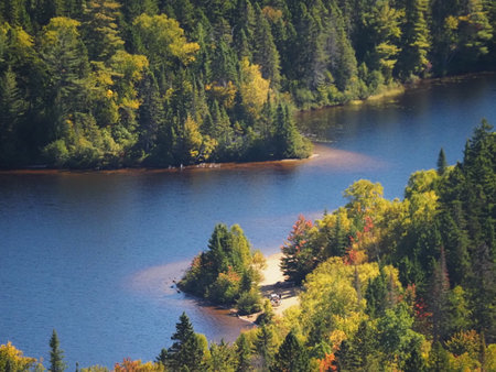 Autumn landscape with a lake in the forest and colorful trees on the shoreの写真素材