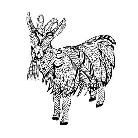 Goat Hand drawn sketched illustation. Doodle graphic with ornate pattern. Design Isolated on white.のイラスト素材