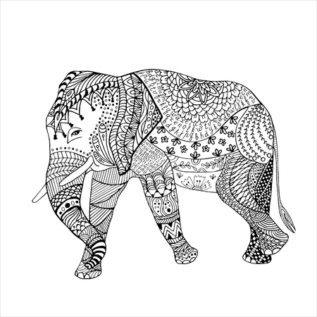 Elephant Hand drawn sketched vector illustration. Doodle graphic with ornate pattern.のイラスト素材