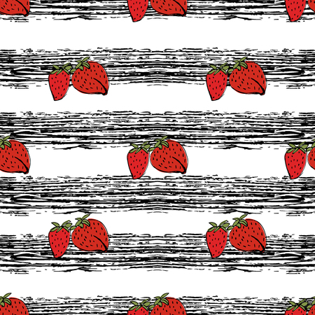 Strawberries hand drawn ob black strips pattern. Object isolated.のイラスト素材