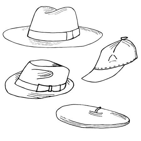 Set of fashion hats. Fedora, trilby, barret and baseball cap hand drawn. Objects sisolated on white.のイラスト素材