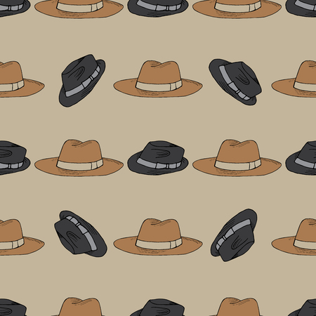 Pattern of fashion hats. Camel fedora and gray trielby hand drawn. Objects isolated on beige.のイラスト素材