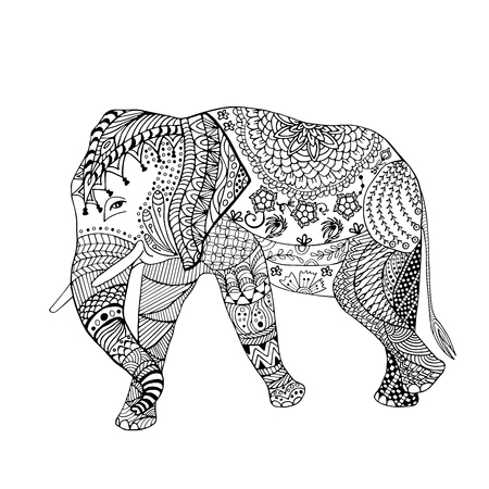 Elephant hand drawn doodle graghic. Object isolated on white. Floral mandalaのイラスト素材