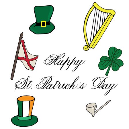 Clover hat flag arch pipe hand drawn with lettering St. Patrick day. Object isolated on whiteのイラスト素材