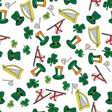 Clover hat flag arch pipe hand drawn pattern St. Patrick day. Seamlessのイラスト素材