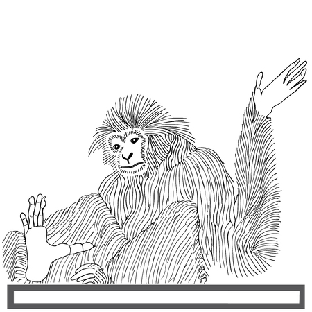 Monkey hand drawn on white background. Sitting in zoo with sad look. Object isolated doodle design.のイラスト素材
