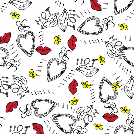 Heart lips flowers red and yellow hand drawn seamless pattern on white background . Vector illustration.のイラスト素材