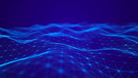 Wave of interlacing points and lines. Abstract background. Technological style for science, big data.3d rendering.の写真素材