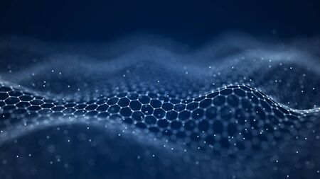 Wave with the connection of points and lines on a polygonal background. Connection structure. Futuristic abstract mesh.の写真素材
