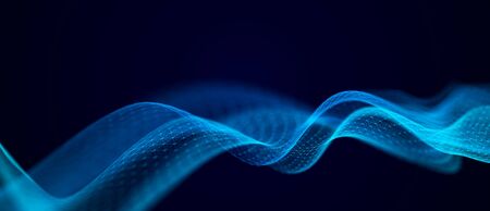 Wave of musical sounds. Abstract background with interweaving of dots and lines. 3D