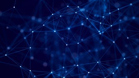 Abstract background with interweaving of colored lines and dots. Network connection structure. Data exchange. 3D rendering.の写真素材