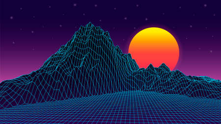 Wireframe landscape in pink purple background. 80s abstraction in retro style. Vector 3D illustration.のイラスト素材