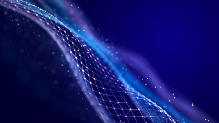 Big data visualization. The musical stream of sounds. Abstract background with interweaving of dots...