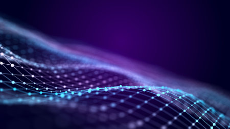 Big data visualization. The musical stream of sounds. Abstract background with interweaving of dots and lines. 3D.の写真素材