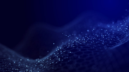 Big data visualization. The musical stream of sounds. Abstract background with interweaving of dots and lines. 3D.の写真素材