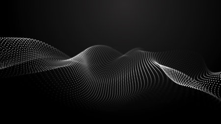 Futuristic background of moving, glowing particles on a black background. Large amount of data. 3Dの写真素材