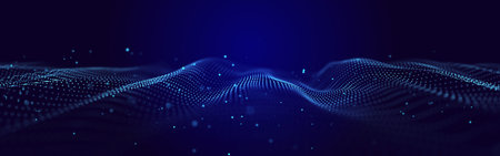 Futuristic background of moving, glowing particles on a black background. Large amount of data. 3Dの写真素材