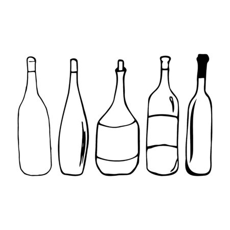 Hand drawn doodle bottle set. Contour sketch. Vector transparent illustration isolated on white background. Decoration for cards, banner, posters, prints, emblems.のイラスト素材