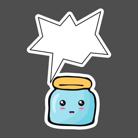 Kawaii sticker colorful cartoon jar with thought bubble. Vector illustration isolated on dark background.のイラスト素材