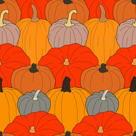 Pumpkin colorful seamless pattern. Vector illustration on doodle style. Healthy vegetarian food. Decoration for greeting cards, posters, patches, prints for clothes, emblems.のイラスト素材
