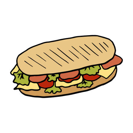 Panini italian traditional food. Hand drawn sketch style. Vector colorful illustration isolated on white background for restaurant menu and package design, poster, web.のイラスト素材