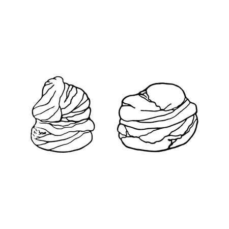 Vector hand drawn profiterole. French cuisine dessert. Design sketch element for menu cafe, bistro, restaurant, bakery, label and packaging. Illustration on a white background.のイラスト素材