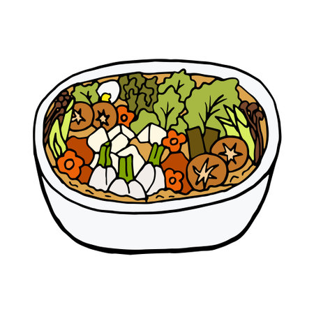 Vector hand drawn doodle nabe. Japanese cuisine dish. Design sketch element for menu cafe, restaurant, label and packaging. Colorful illustration on a white background.のイラスト素材