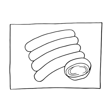 Vector hand drawn doodle weisswurst, traditional Bavarian sausage. German cuisine dish. Design sketch element for menu cafe, restaurant, label and packaging. Illustration on a white background.のイラスト素材