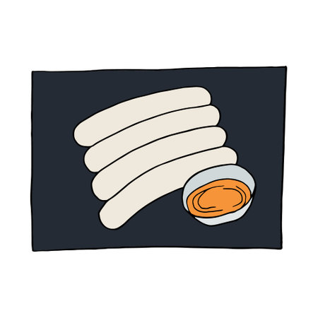 Vector hand drawn doodle weisswurst, traditional Bavarian sausage. German cuisine dish. Design sketch element for menu cafe, restaurant, label and packaging. Colorful illustration on a white background.のイラスト素材