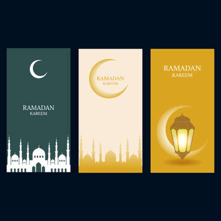 The Muslim feast of the holy month of Ramadan Kareem. Set of posters or invitations design with crescent, lantern and mosque dome silhouette. Vector illustration.のイラスト素材