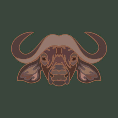 Hand-drawn abstract portrait of a buffalo for tattoo, , wall decor, T-shirt print design or outwear. Colorful vector stylized illustration on green background.のイラスト素材