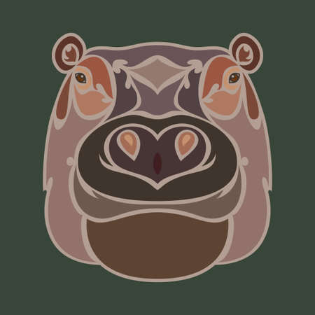 Hand-drawn abstract portrait of a hippo for tattoo,  wall decor, T-shirt print design or outwear. Colorful vector stylized illustration on green background.のイラスト素材