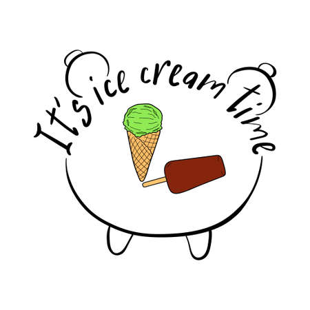 Handwritten quote about Ice Cream. It's ice cream time. Vector illustration with typography. Design sketch element for menu cafe, bistro, restaurant, print t-shirt, label and packaging.のイラスト素材
