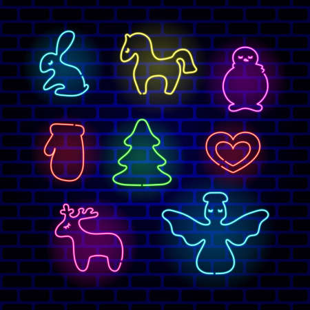 Set of neon Christmas decoration. Decorative Christmas toy bright signboard, light banner. Vector illustration.のイラスト素材