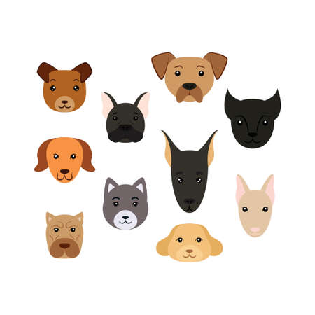 Hand-drawn set of dog face. Dogs doodle style. Vector colorfull illustration isolated on white background. Decoration for greeting cards, posters, flyers, prints for clothes.のイラスト素材