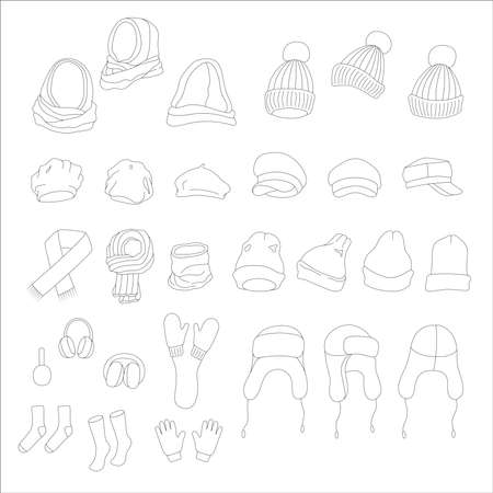 Winter clothes and accessories set. Vector doodle illustration.のイラスト素材