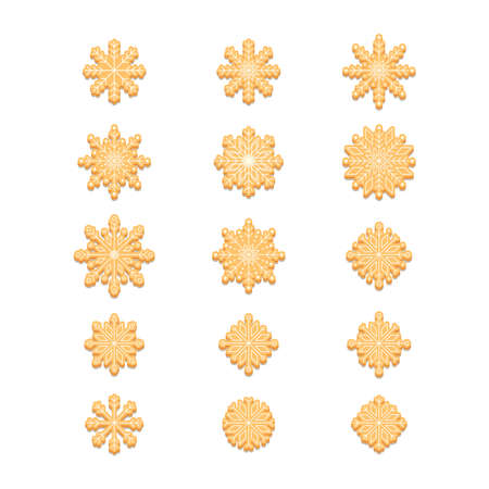 Set of snowflakes of gingerbread cookies. Decorative Christmas biscuits. Vector illustration of design elements for greeting cards, posters, wallpaper, surface, web design, textile, decor, print.のイラスト素材