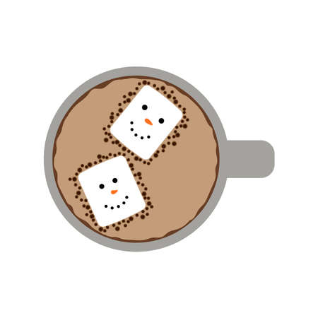 Cup with drink and marshmallows cute face character view top. Flat style. Design for greeting card, banner, poster. Vector illustration.のイラスト素材