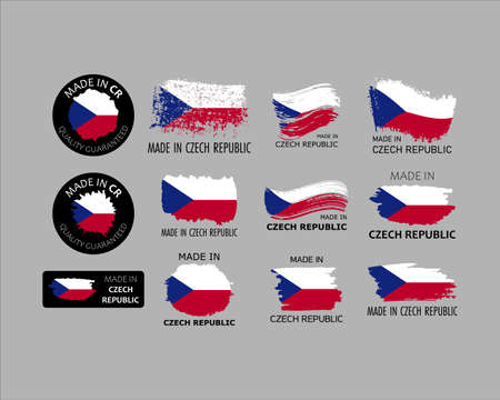 Set of stickers. Made in Czech Republic. Brush strokes shaped with Czech flag. Factory, manufacturing and production country concept. Design element for label and packaging. Vector colorful illustration.のイラスト素材