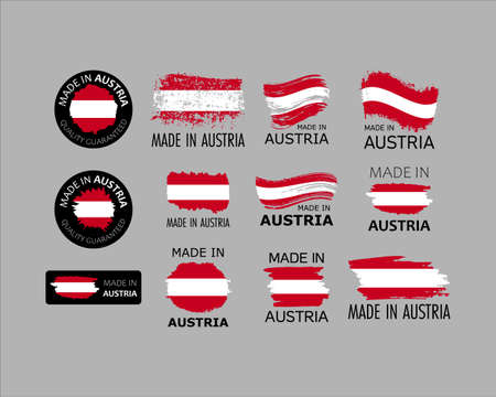 Set of stickers. Made in Austria. Brush strokes shaped with Austrian flag. Factory, manufacturing and production country concept. Design element for label and packaging. Vector colorful illustration.のイラスト素材