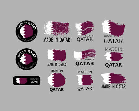 Set of stickers. Made in Qatar. Brush strokes shaped with Qatari flag. Factory, manufacturing and production country concept. Design element for label and packaging. Vector colorful illustration.のイラスト素材