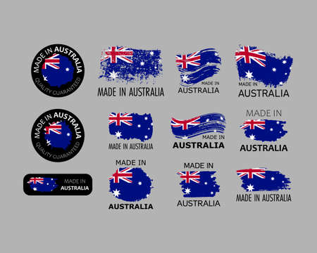 Set of stickers. Made in Australia. Brush strokes shaped with Australian flag. Factory, manufacturing and production country concept. Design element for label and packaging. Vector colorful illustration.のイラスト素材