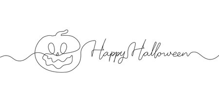 Happy Halloween continuous one line drawing background. Pumpkins with scary smiling face. Vector illustration for design poster, banner, flyer.のイラスト素材