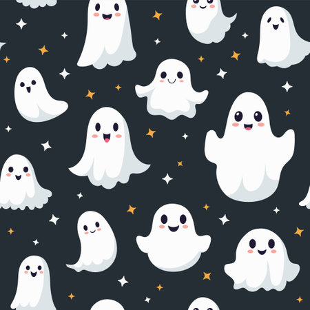 Seamless pattern with cute ghosts on a dark background. Vector illustration.のイラスト素材