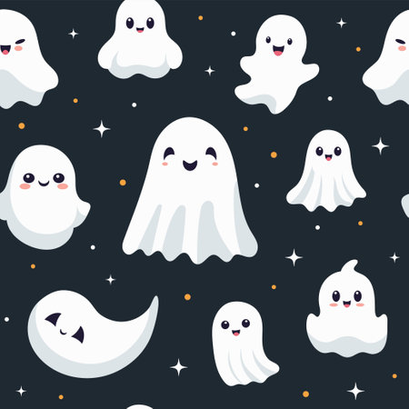 Seamless pattern with cute ghosts on a dark background. Vector illustration.のイラスト素材